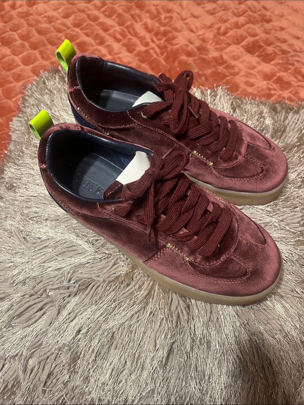Steve Madden Velvet Lace-Up Sneakers in Burgundy with Neon Pull Tabs